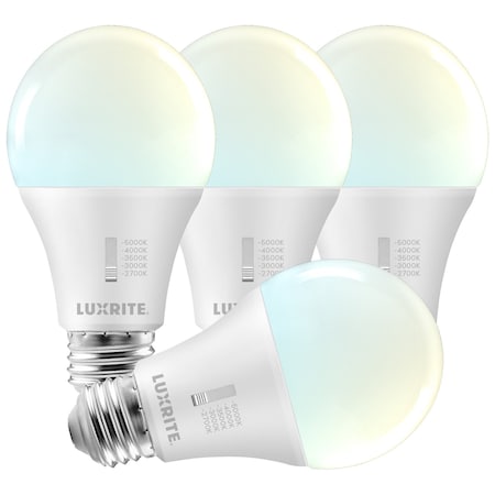 Luxrite A19 LED Light Bulbs 11W 75W Equivalent 1100LM 5CCT 2700K-5000K Dimmable E26 Base, 4PK LR21477-4PK